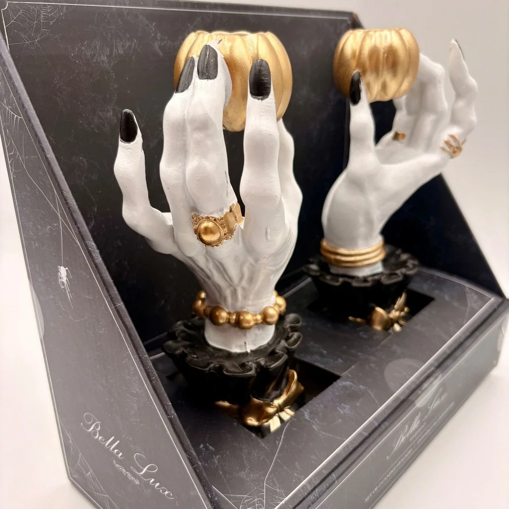 Bella Lux Halloween Skeleton Hand Gold Pumpkin Candle Holder Set of 2 White Gold